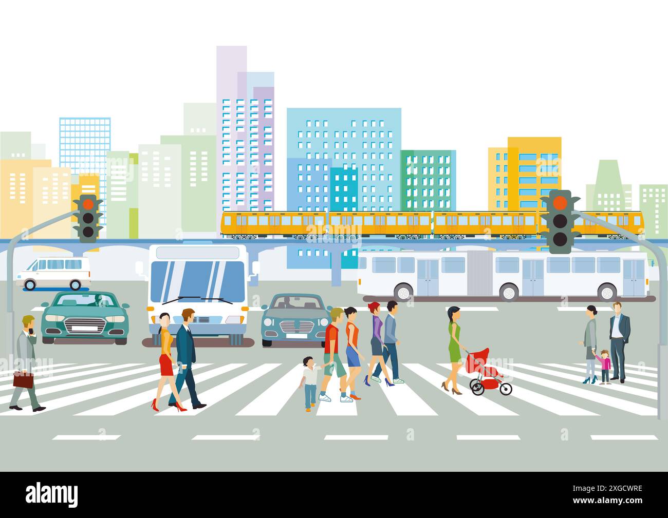 sagoma di una città con traffico e persone, illustrazione Foto Stock