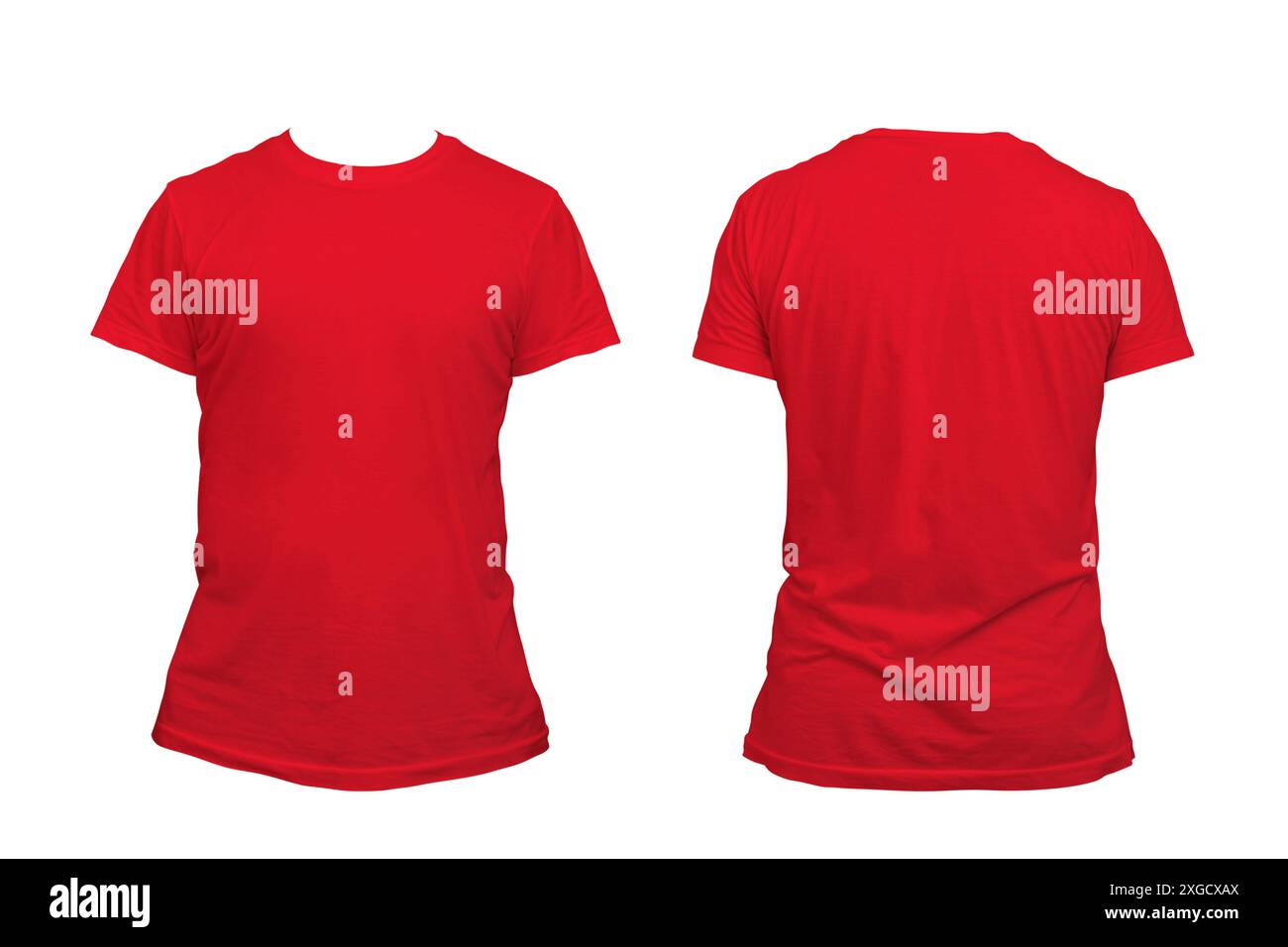T-shirt casual rossa sul corpo maschile isolata su sfondo bianco. Vista anteriore e posteriore della t-shirt rossa da uomo su sfondo bianco. Mockup per il design. Foto Stock
