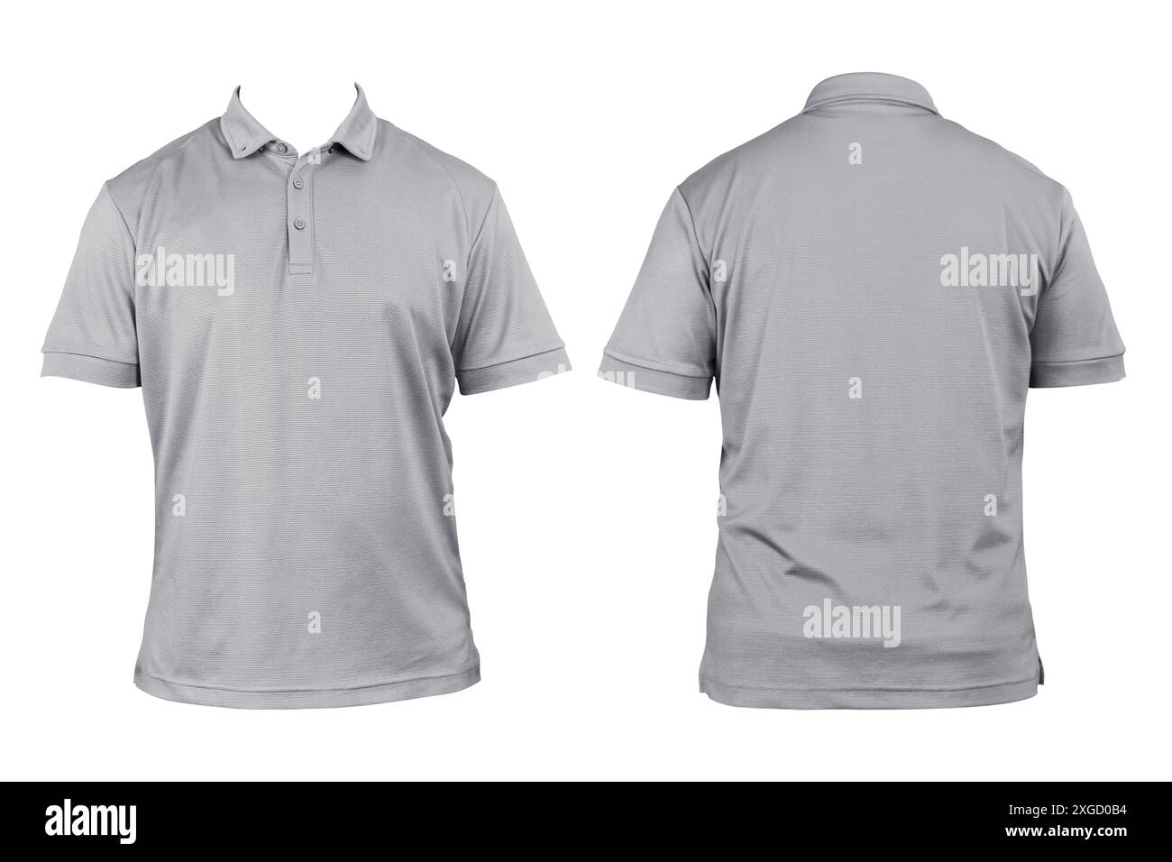 Abbigliamento bianco per design. Polo grigia, abbigliamento su sfondo bianco isolato, vista frontale e posteriore, bianco isolato, t-shirt semplice. Mockup. Scheda Stampa Foto Stock