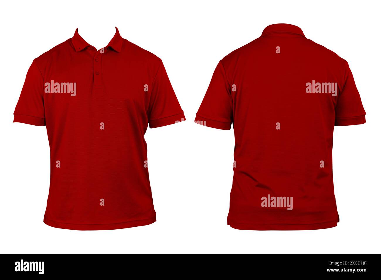 Modello di mockup con collo a camicia vuoto, vista frontale e posteriore, rosso isolato, t-shirt normale. Mockup. Polo stampabile per la presentazione del design, percorso di ritaglio. B Foto Stock