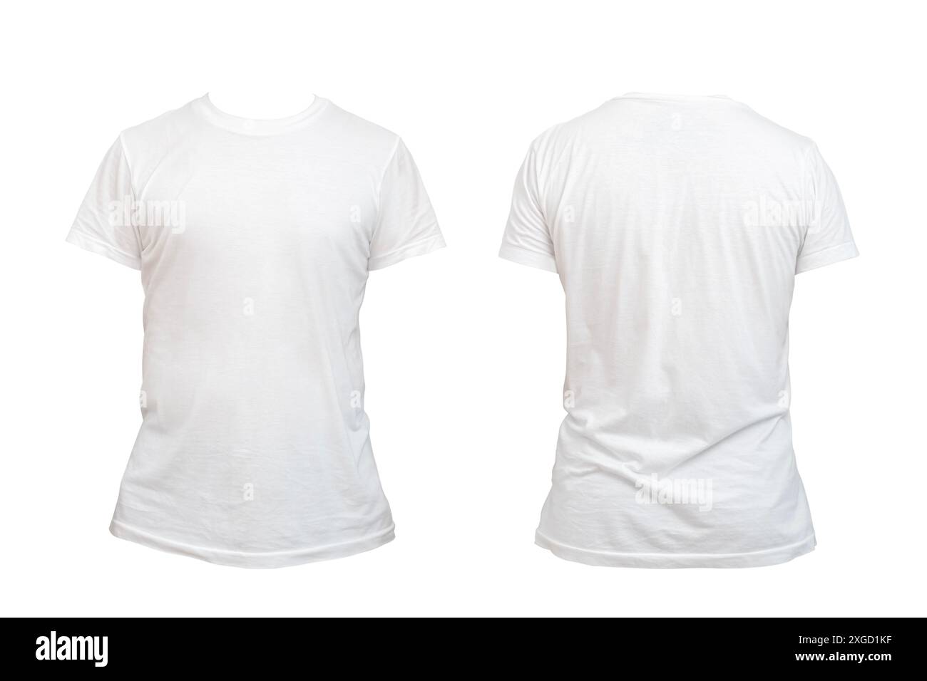 Modello t-shirt bianco vuoto da uomo, su due lati, forme naturali su manichino invisibile, per il mockup del tuo disegno per la stampa isolata su bianco Foto Stock