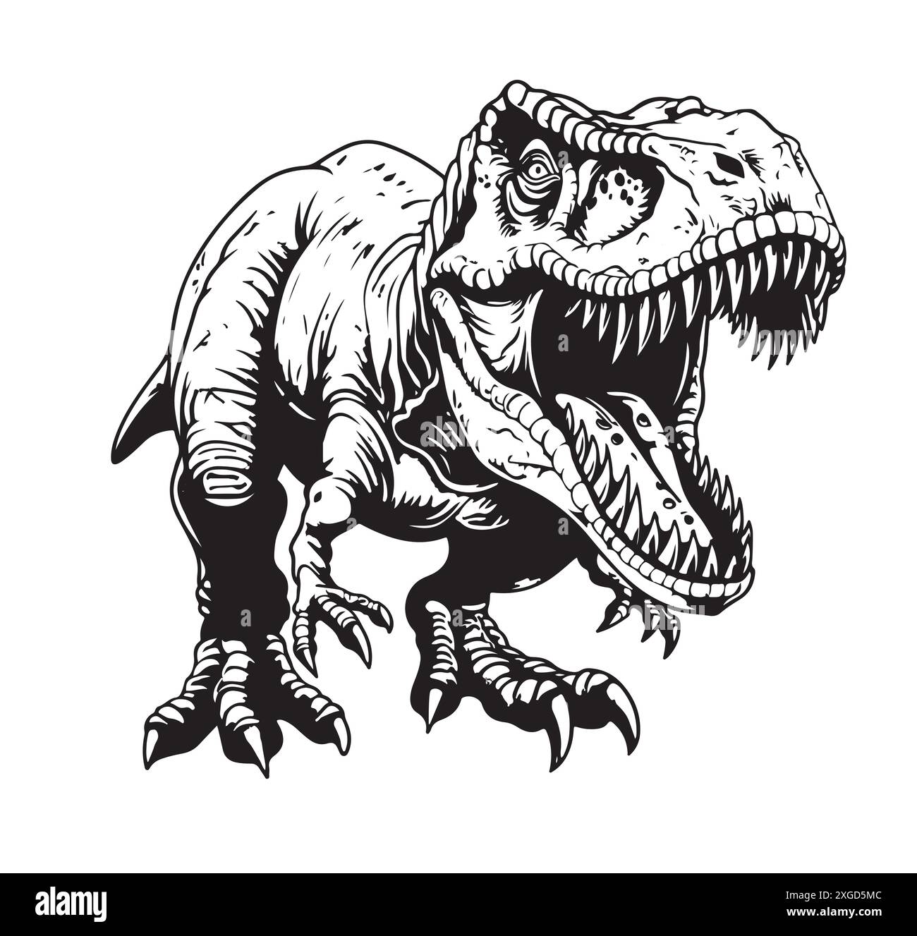 T-REX Tyrannosaurus Rex grande testa pericolosa di dinosauro dinosauro. Disegno di illustrazione del cartone animato incisione grafica a linee d'inchiostro. per t shirt con stampa Illustrazione Vettoriale