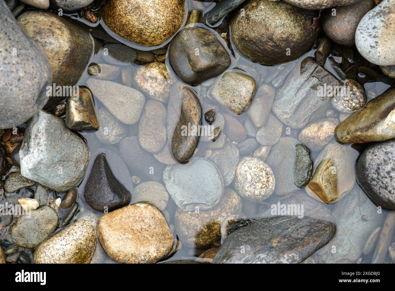 Primo piano di ciottoli in acque poco profonde, sponda del fiume. Zen e rilassante immagine di sfondo Foto Stock