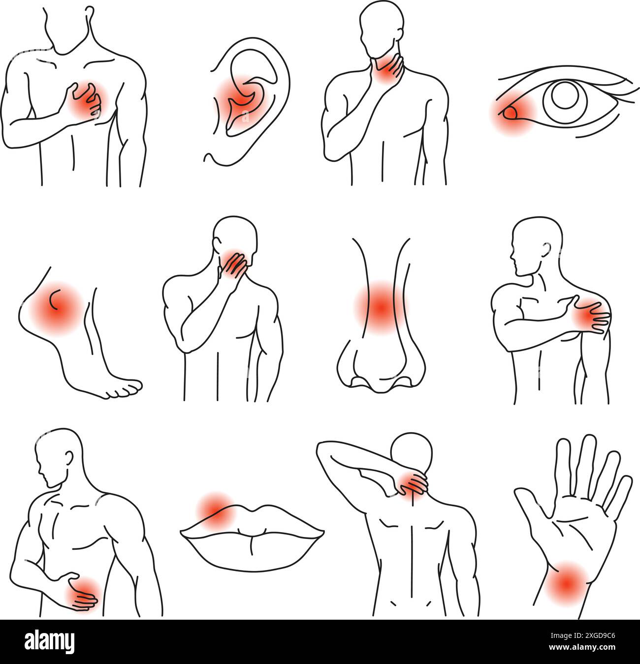 Tipi di dolore. Figure umane e parti del corpo con aree evidenziate di dolore o disagio. Set di illustrazioni vettoriali line art. Illustrazione Vettoriale