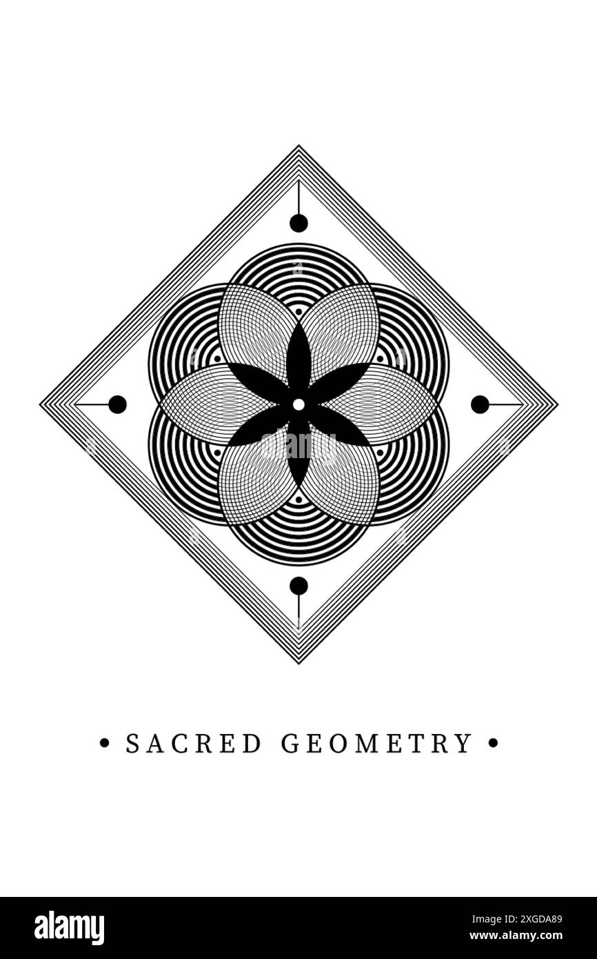 Fiore di seme di vita icona di loto, logo mandala geometria sacra, tatuaggio simbolo di armonia ed equilibrio. Talismano mistico, intreccio di cerchi neri Illustrazione Vettoriale