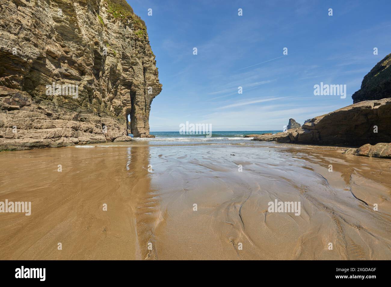 Scogliere e litorale, viste con la bassa marea, a Bossiney Haven, vicino a Tintagel, Cornovaglia, Inghilterra, Regno Unito, Europa Foto Stock