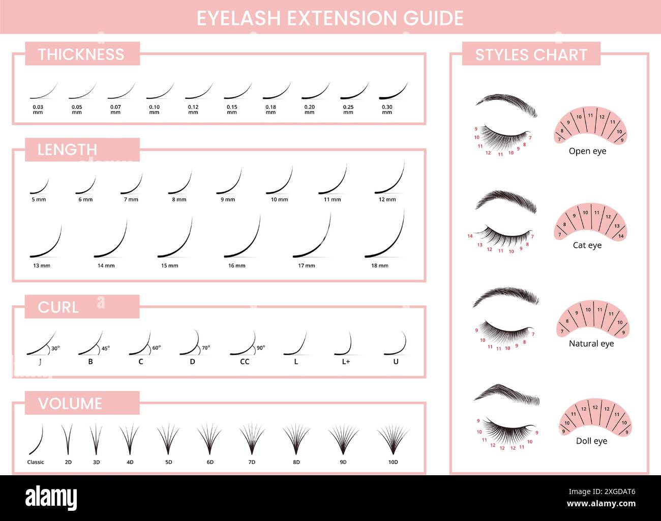 Guida delle prolunghe delle ciglia. I tipi di estensione della lama sono suddivisi in base a spessore, lunghezza, arricciatura e volume. Apertura, gatto, naturale e forma a occhio di bambola. Salone di bellezza Illustrazione Vettoriale