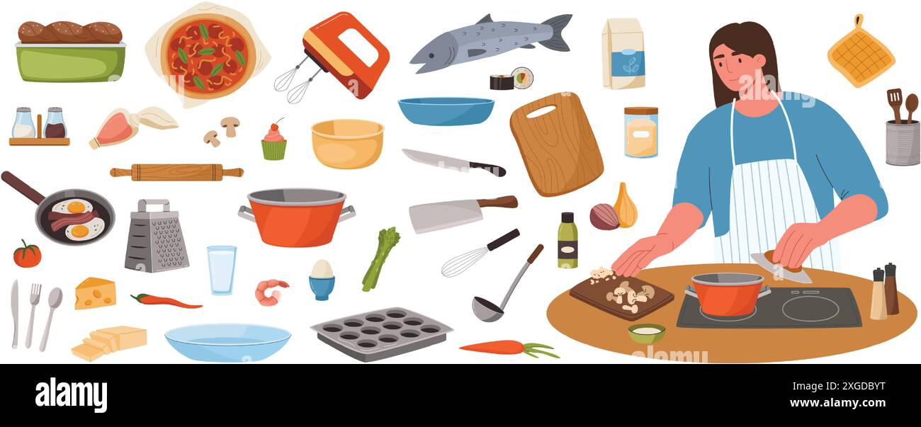 Utensili da cucina e cucina. Chef donna che prepara il cibo con una collezione di ingredienti e utensili da cucina. Kit per la creazione di ricette per la cucina casalinga e la cena Illustrazione Vettoriale