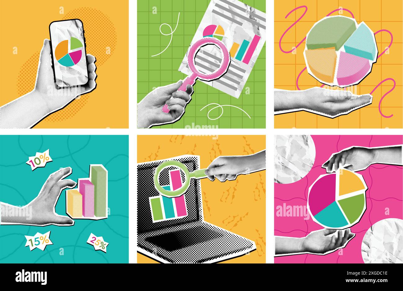 Ricerca sui media misti. Analisi dei dati mezzitoni e collage di statistiche, mani che tengono grafici a torta e report sotto il set di vettori delle lenti di ingrandimento Illustrazione Vettoriale