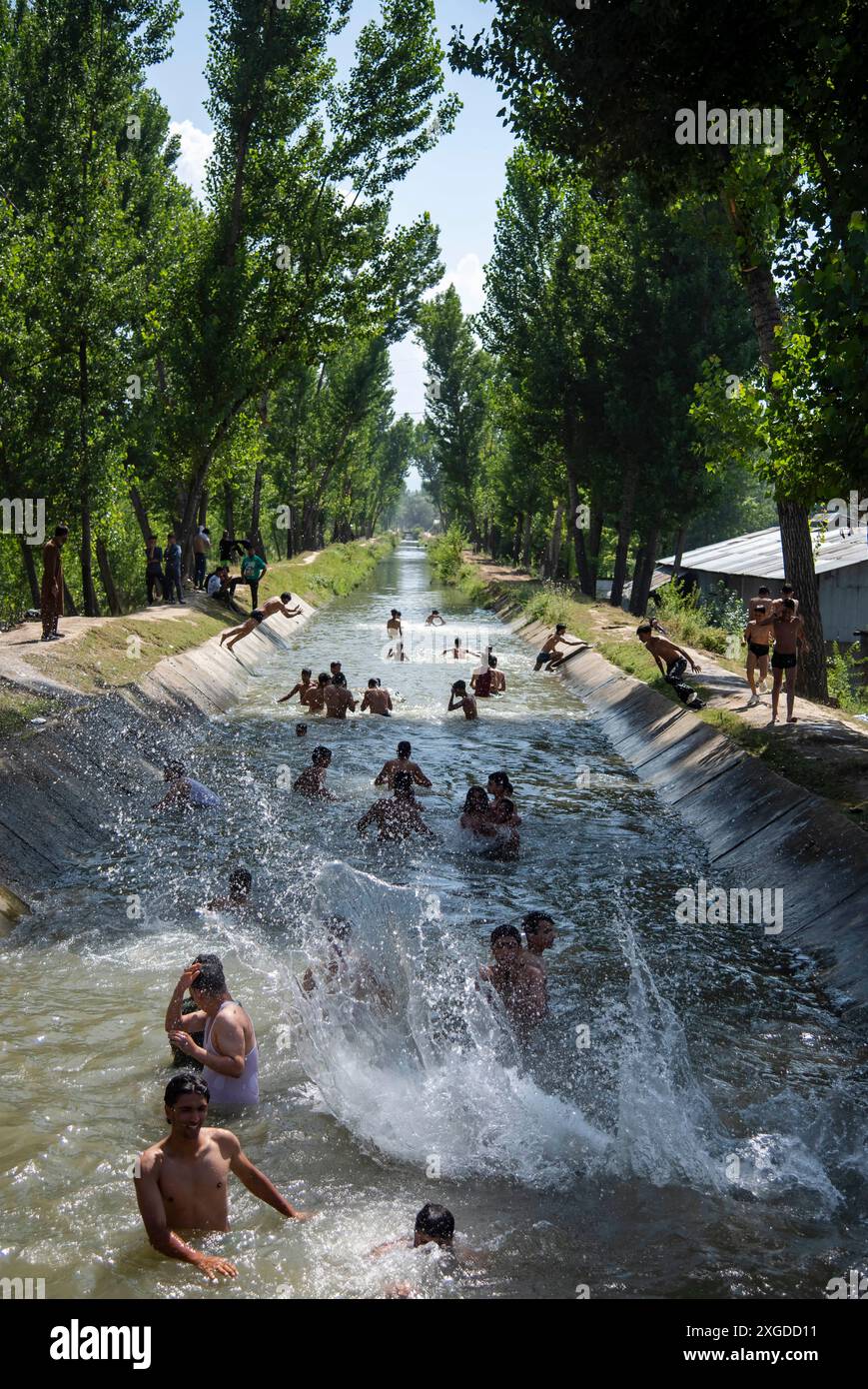 I residenti del Kashmir hanno visto nuotare in un canale d'acqua durante una giornata calda a Pulwama. Quest'anno il Kashmir ha affrontato sfide climatiche senza precedenti, segnate da temperature massime record a Srinagar e in tutta la regione. Gli esperti attribuiscono questi eventi meteorologici estremi agli impatti più ampi del cambiamento climatico. I cambiamenti nei modelli monsonici e la presenza irregolare di disturbi occidentali hanno interrotto i cicli meteorologici tradizionali della regione, portando a precipitazioni irregolari e fluttuazioni di temperatura. Questi cambiamenti non solo influenzano i modelli agricoli e le risorse idriche, ma anche pongono segni Foto Stock