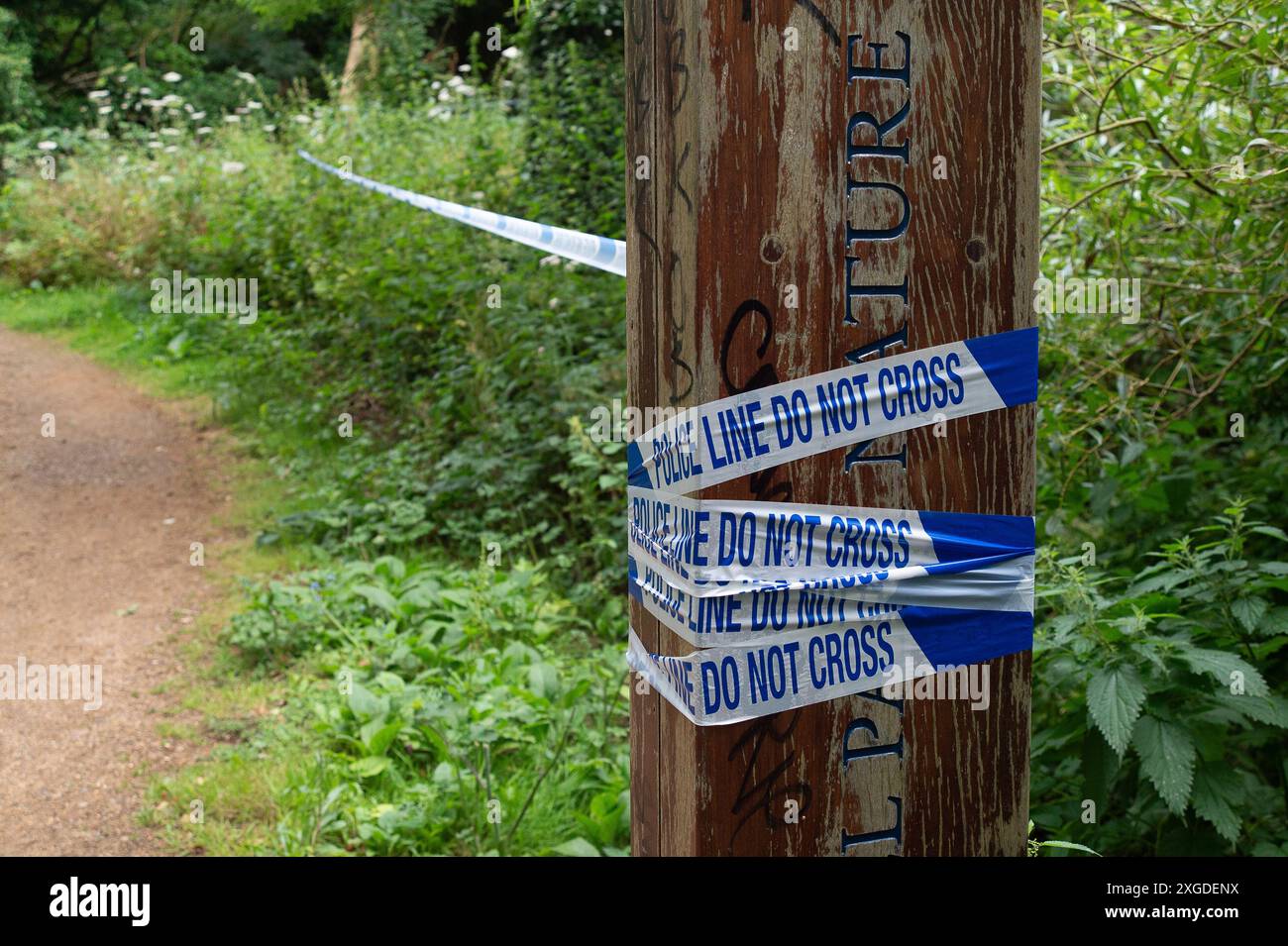 Slough, Regno Unito. 8 luglio 2024 la polizia di Thames Valley ha delimitato parte di Herschel Park dalla Datchet Road a Slough, Berkshire. Alle 13.04, ieri, gli agenti hanno partecipato all'Herschel Park, a seguito di un rapporto del pubblico. Gli agenti hanno partecipato alla scena e trovato i resti di una persona. È in corso un'indagine sulla morte, che attualmente viene trattata come inspiegabile. Crediti: Maureen McLean/Alamy Live News Foto Stock