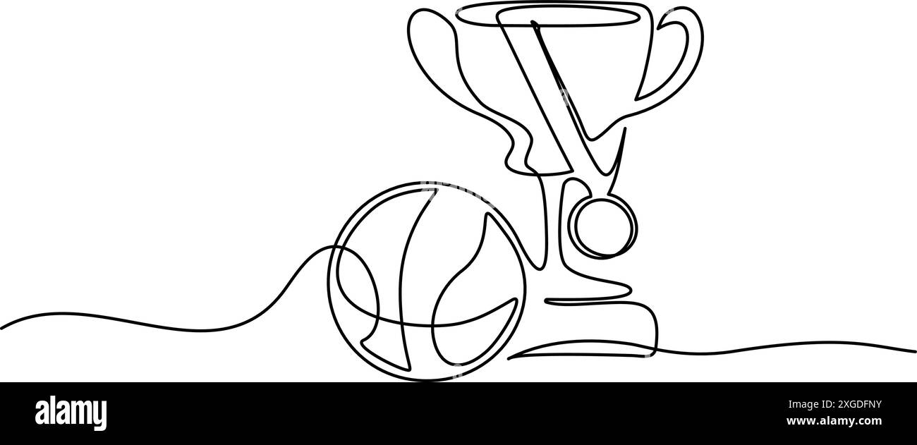 Coppa dei trofei con medaglia e pallone da basket. Disegno continuo su una linea Illustrazione Vettoriale