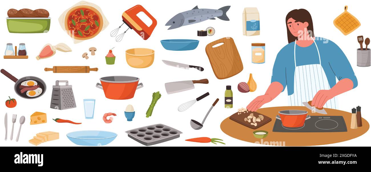 Utensili da cucina e cucina. Chef donna che prepara il cibo con una collezione di ingredienti e utensili da cucina. Kit per la creazione di ricette per la cucina casalinga e la cena Illustrazione Vettoriale