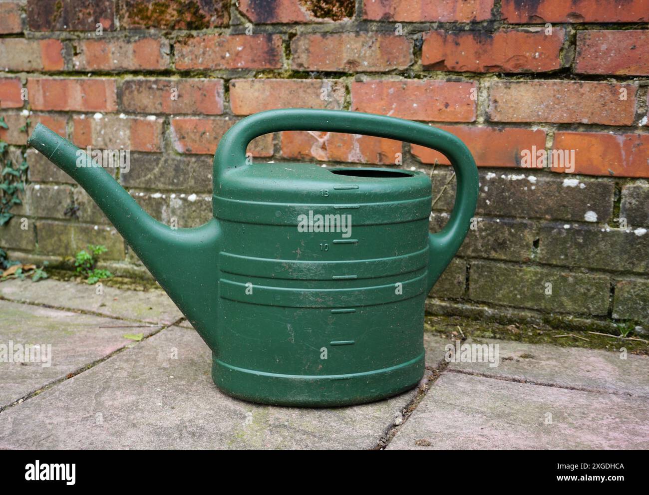 annaffiatoio in plastica sul giardino pavimentato. contenitore dell'acqua per la cura di fiori e piante. attrezzature per il giardinaggio Foto Stock