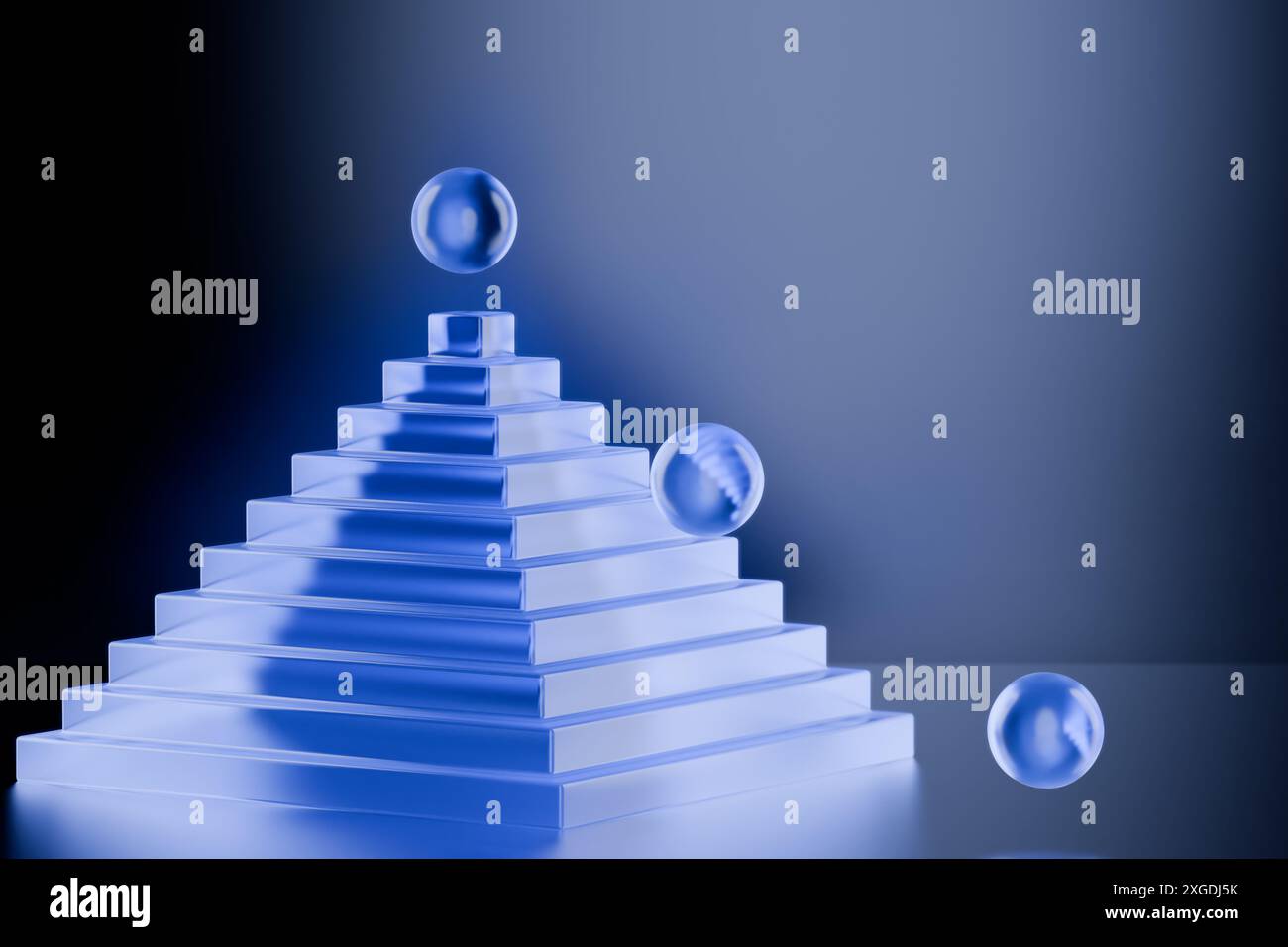 Una piramide digitale di vetro blu con sfere fluttuanti su sfondo gradiente. rendering 3d. Foto Stock