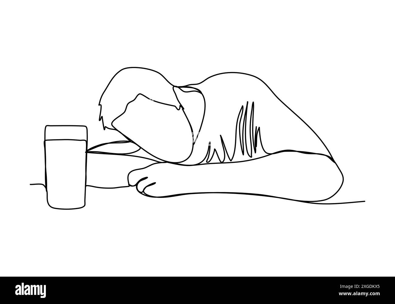 Uomo ubriaco seduto a un tavolo, disegnando una sola immagine vettoriale. Illustrazione Vettoriale