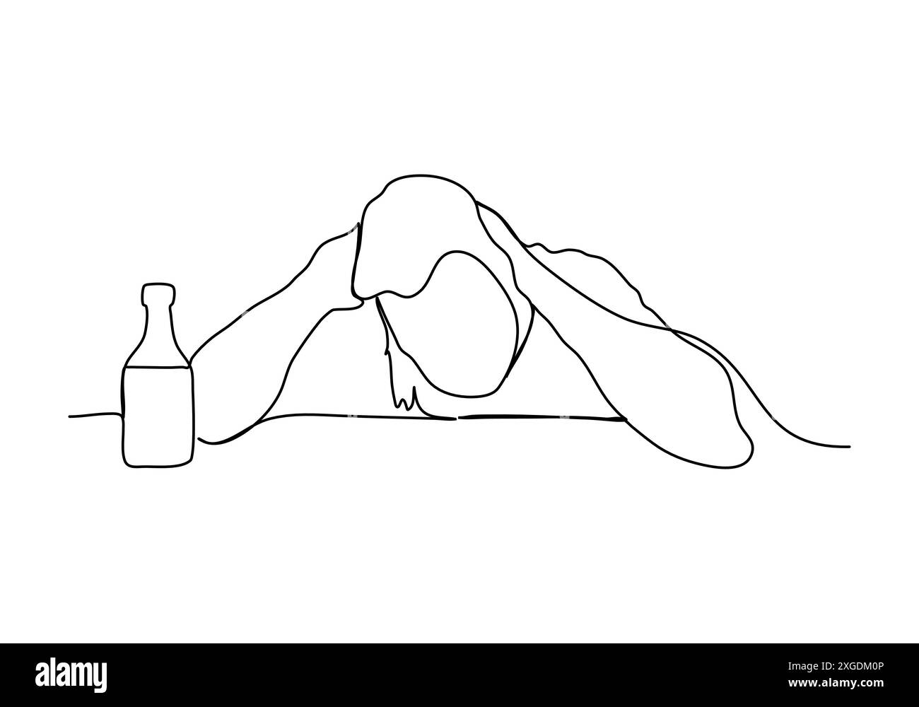 Uomo ubriaco seduto a un tavolo, disegnando una sola immagine vettoriale. Illustrazione Vettoriale