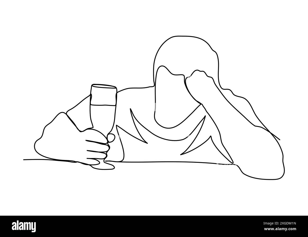 Uomo ubriaco seduto a un tavolo, disegnando una sola immagine vettoriale. Illustrazione Vettoriale