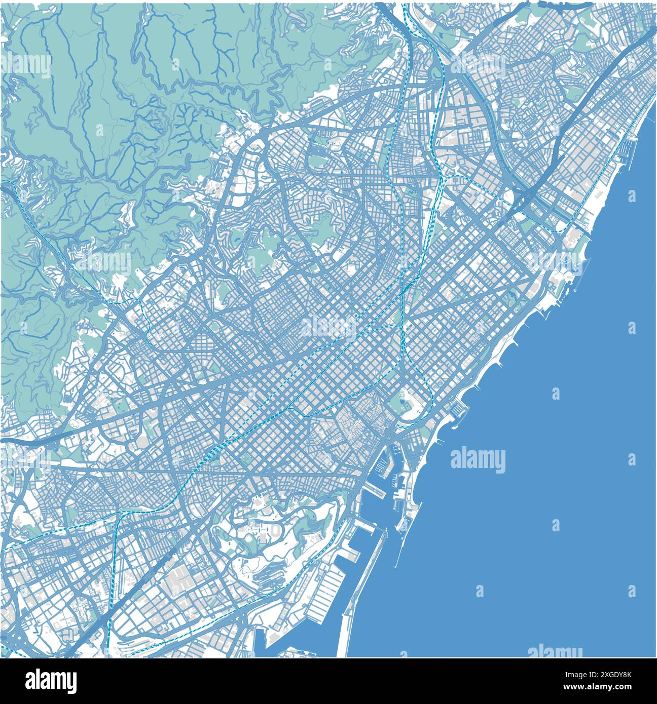 Mappa di Barcellona in Spagna in stile blu. Contiene vettore stratificato con strade, acqua, parchi, ecc. Illustrazione Vettoriale