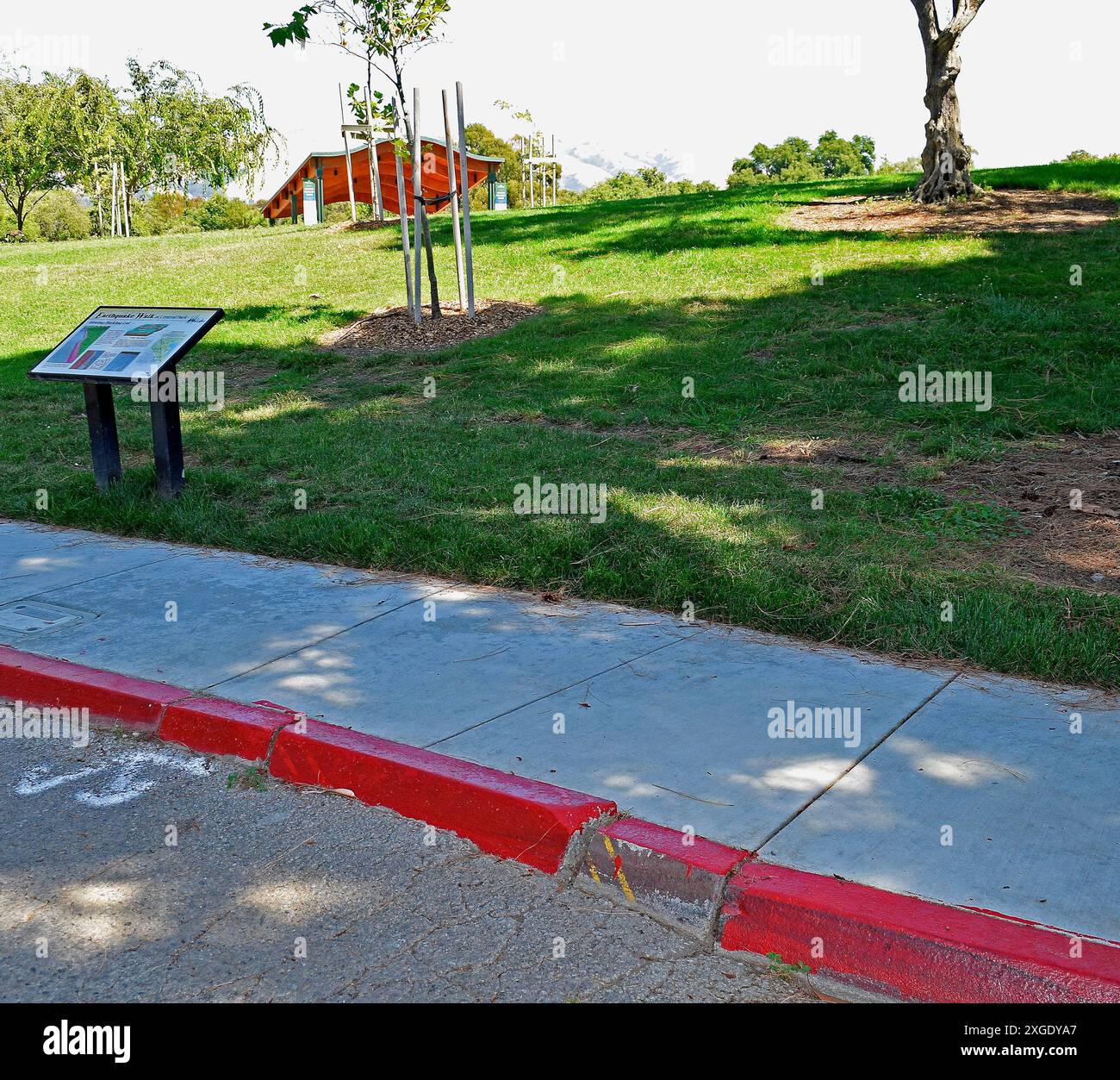 La faglia di Hayward ha causato interruzioni lineari nel marciapiede di cemento nel parcheggio di Central Park a Fremont, California Foto Stock