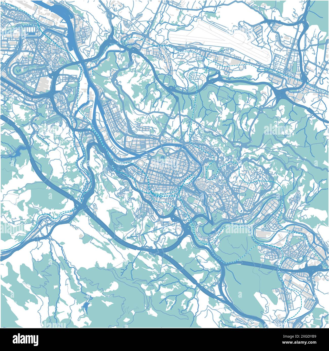 Mappa di Bilbao in Spagna in stile blu. Contiene vettore stratificato con strade, acqua, parchi, ecc. Illustrazione Vettoriale