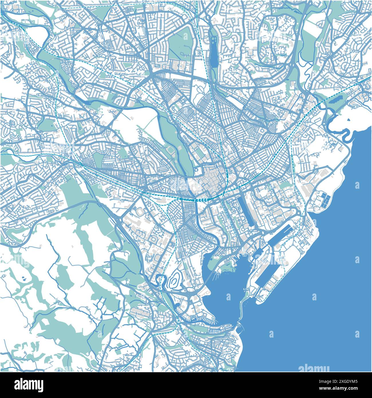 Mappa di Cardiff nel Regno Unito in stile blu. Contiene vettore stratificato con strade, acqua, parchi, ecc. Illustrazione Vettoriale