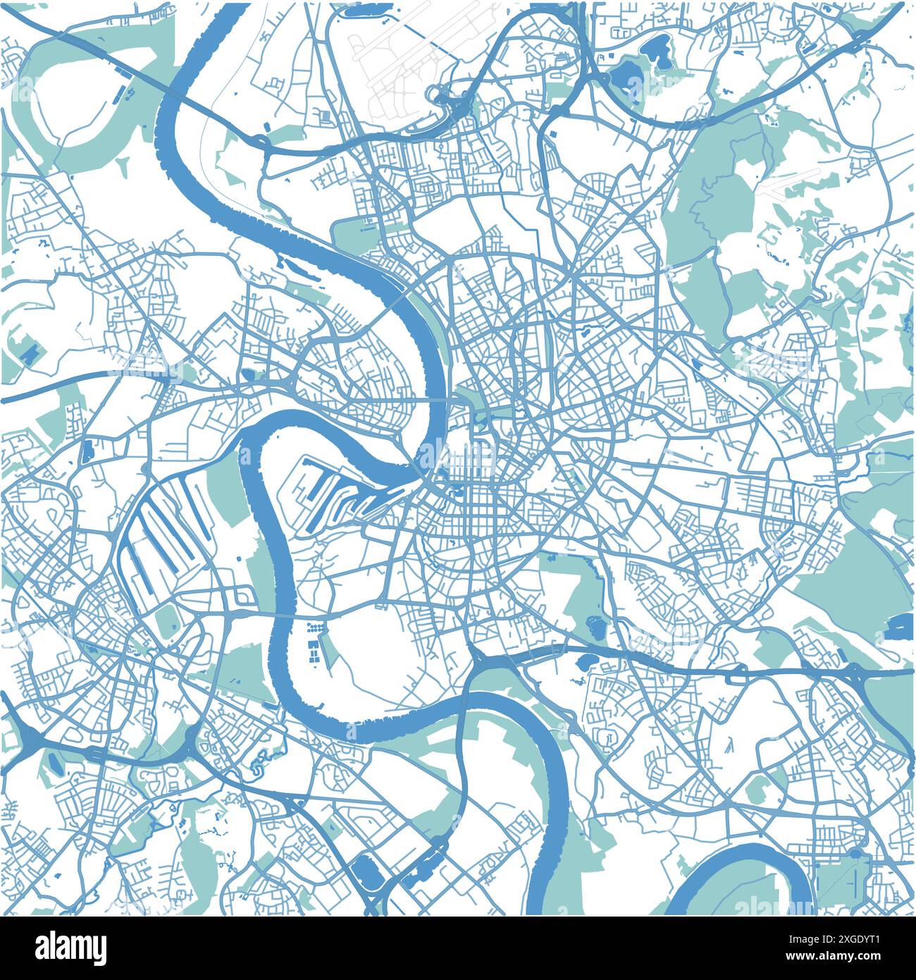 Mappa di Dusseldorf in Germania in blu. Contiene vettore stratificato con strade, acqua, parchi, ecc. Illustrazione Vettoriale