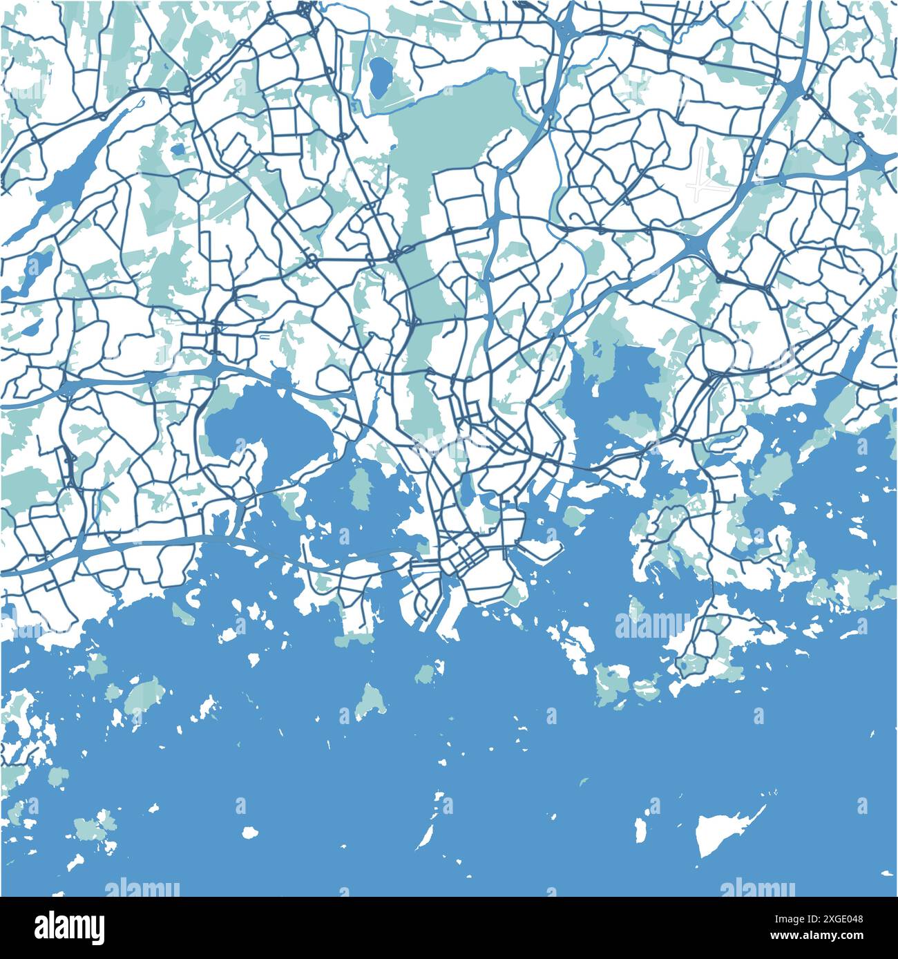 Mappa di Helsinki in Finlandia in stile blu. Contiene vettore stratificato con strade, acqua, parchi, ecc. Illustrazione Vettoriale