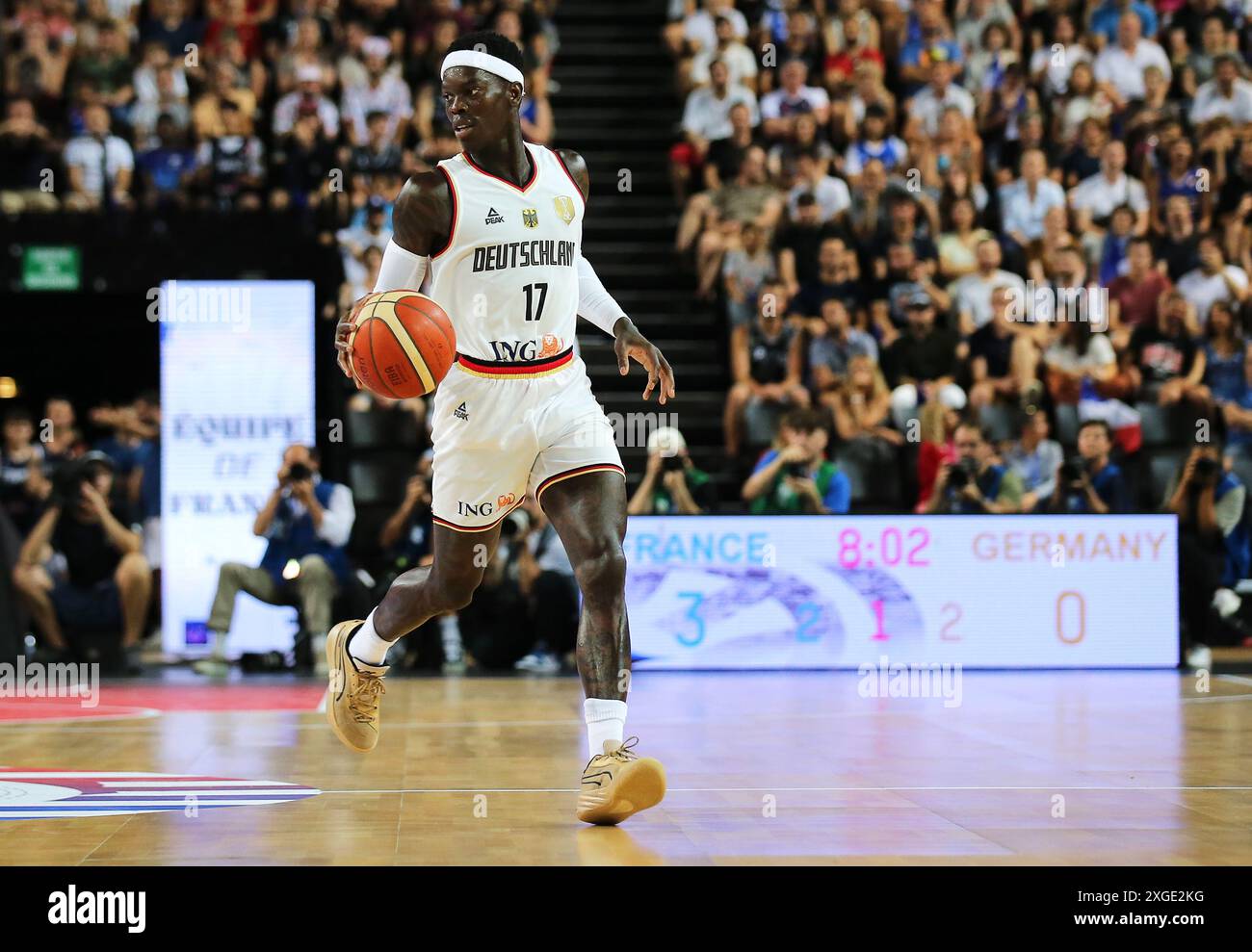 Montpellier, Francia. 8 luglio 2024. Pallacanestro: Partita internazionale, Francia - Germania, Dennis Schröder tedesco in azione. Crediti: Matthias Stickel/dpa/Alamy Live News Foto Stock