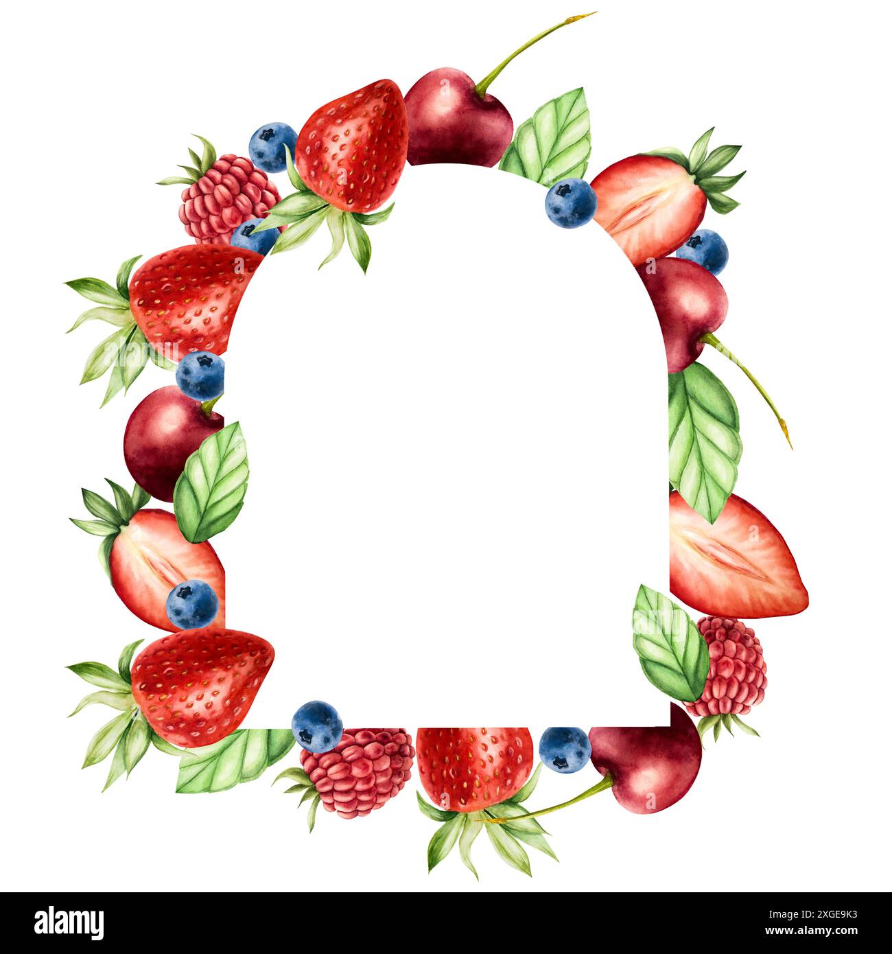 Cornice, logo con fragole, lamponi, ciliegie e mirtilli, menta. Pittura a mano dolce illustrazione ad acquerello isolata sullo sfondo. Per i progettisti, Foto Stock