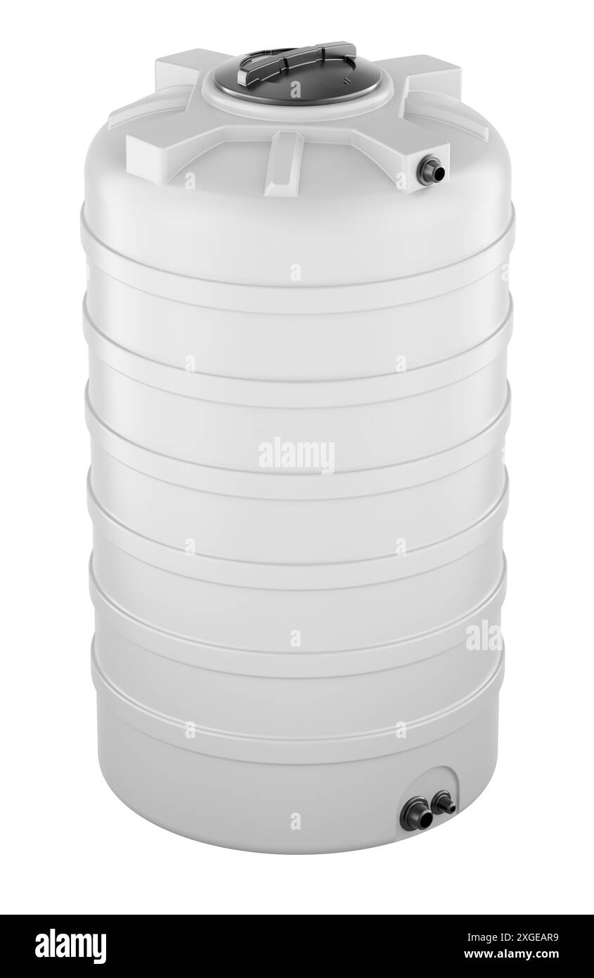 Serbatoio dell'acqua in plastica verticale bianca, rendering 3D isolato su sfondo bianco Foto Stock