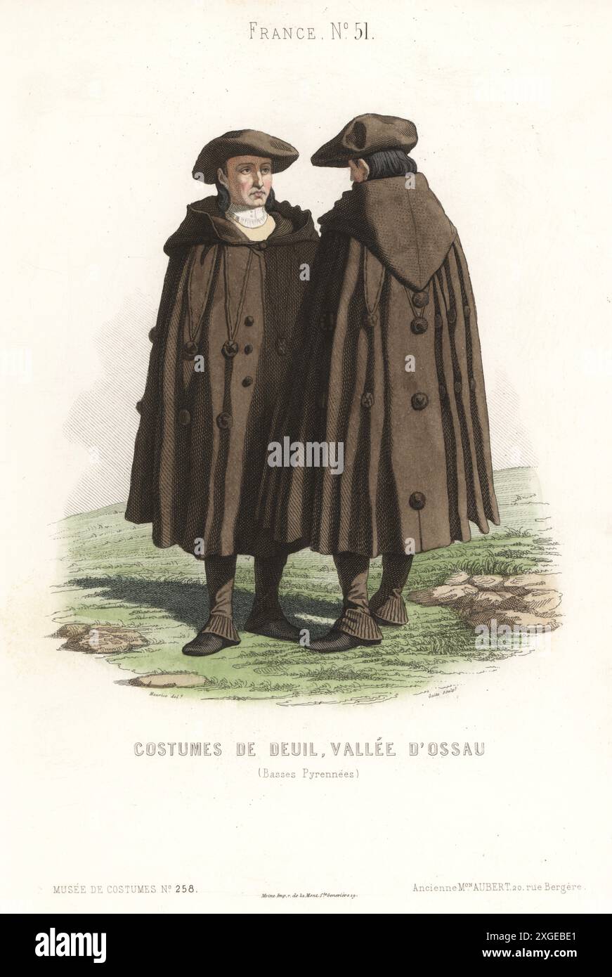 Uomini in abito lutto, Valle d'Ossau, Pirenei francesi. Due uomini in berretti neri, mantelli con cappuccio, ghette. Costumi di deuil, Vallee d'Ossau, Basses Pyrenees. Incisione in acciaio colorato a mano di Gaite a seguito di un'illustrazione di C. Maurice dal Musée Cosmopolite, Musée de Costumes, Cosmopolitan Museum, pubblicato da ancienne maison Aubert, Parigi, 1850. Foto Stock Uomini in abito lutto, Valle d'Ossau, Pirenei francesi. Due uomini in berretti neri, mantelli con cappuccio, ghette. Costumi di deuil, Vallee d'Ossau, Basses Pyrenees. Incisione in acciaio colorato a mano di Gaite a seguito di un'illustrazione di C. Maurice dal Musée Cosmopolite, Musée de Costumes, Cosmopolitan Museum, pubblicato da ancienne maison Aubert, Parigi, 1850. Foto Stock