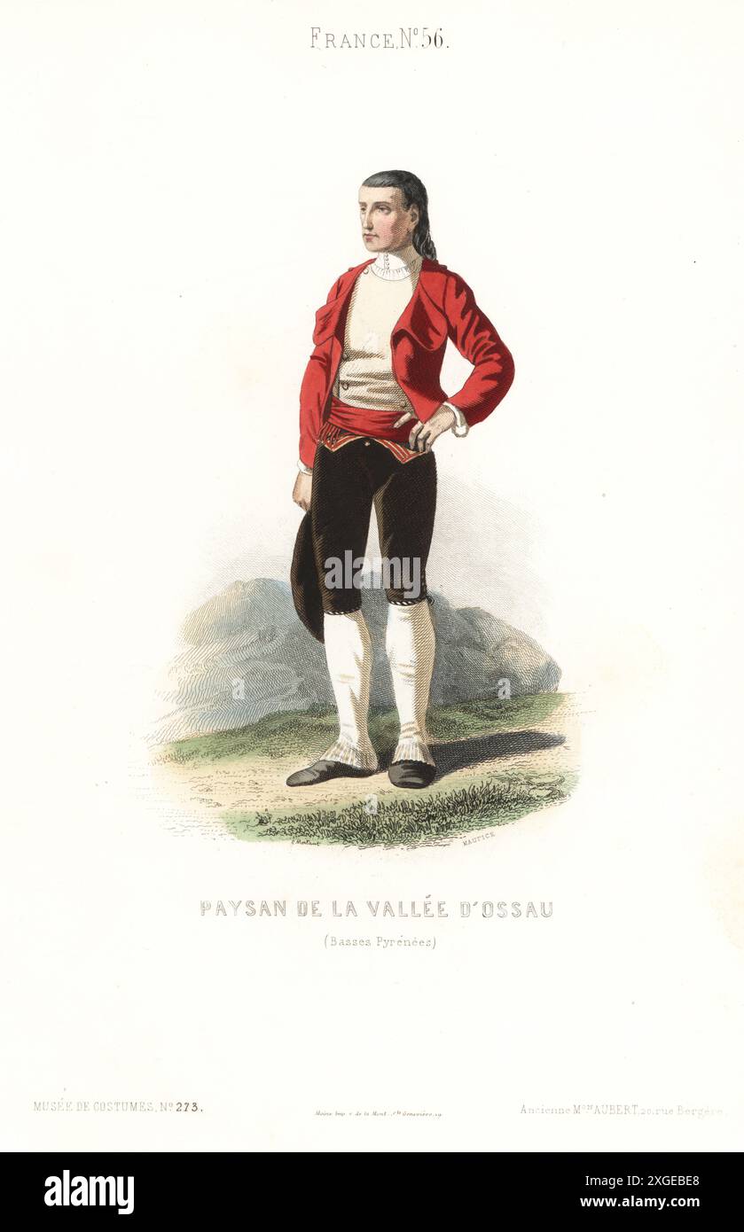 Contadino della Valle d'Ossau, Pirenei francesi. In giacca scarlatto, plastrone, pantaloni neri, ghette e scarpe. Paysan de la Vallee d'Ossau, Basses Pyrenees. Incisione in acciaio colorata a mano di Gabriel Montaut dopo un'illustrazione di C. Maurice dal Musée Cosmopolite, Musée de Costumes, Cosmopolitan Museum, pubblicata da ancienne maison Aubert, Parigi, 1850. Foto Stock Contadino della Valle d'Ossau, Pirenei francesi. In giacca scarlatto, plastrone, pantaloni neri, ghette e scarpe. Paysan de la Vallee d'Ossau, Basses Pyrenees. Incisione in acciaio colorata a mano di Gabriel Montaut dopo un'illustrazione di C. Maurice dal Musée Cosmopolite, Musée de Costumes, Cosmopolitan Museum, pubblicata da ancienne maison Aubert, Parigi, 1850. Foto Stock