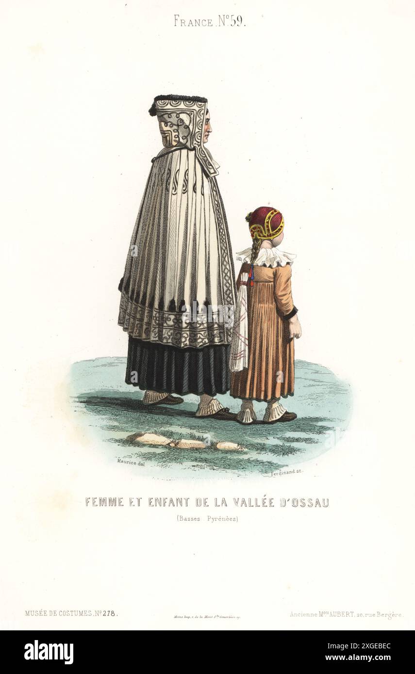 Donna e figlio della Valle d'Ossau, Pirenei francesi. Donna in mantello con cappuccio ricamato, gonne lunghe, ghette e scarpe. Femme et Enfant de la Vallee d'Ossau, Basses Pyrenees. Incisione in acciaio colorato a mano di Ferdinando dopo un'illustrazione di C. Maurice dal Musée Cosmopolite, Musée de Costumes, Cosmopolitan Museum, edito dall'ancienne maison Aubert, Parigi, 1850. Foto Stock Donna e figlio della Valle d'Ossau, Pirenei francesi. Donna in mantello con cappuccio ricamato, gonne lunghe, ghette e scarpe. Femme et Enfant de la Vallee d'Ossau, Basses Pyrenees. Incisione in acciaio colorato a mano di Ferdinando dopo un'illustrazione di C. Maurice dal Musée Cosmopolite, Musée de Costumes, Cosmopolitan Museum, edito dall'ancienne maison Aubert, Parigi, 1850. Foto Stock