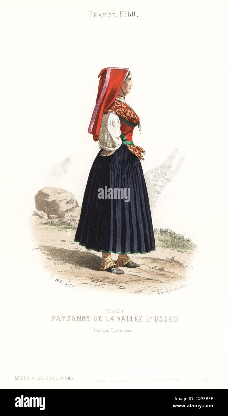 Contadina della Valle d'Ossau, Pirenei francesi, di profilo, con velo scarlatto, fichu ricamato, gilet, blusa, gonne e ghette. Paysanne de la Vallee d'Ossau, Basses Pyrenees. Incisione in acciaio colorato a mano di L. Guerdet su illustrazione di C. Maurice dal Musée Cosmopolite, Musée de Costumes, Cosmopolitan Museum, edito da ancienne maison Aubert, Parigi, 1850. Foto Stock Contadina della Valle d'Ossau, Pirenei francesi, di profilo, con velo scarlatto, fichu ricamato, gilet, blusa, gonne e ghette. Paysanne de la Vallee d'Ossau, Basses Pyrenees. Incisione in acciaio colorato a mano di L. Guerdet su illustrazione di C. Maurice dal Musée Cosmopolite, Musée de Costumes, Cosmopolitan Museum, edito da ancienne maison Aubert, Parigi, 1850. Foto Stock