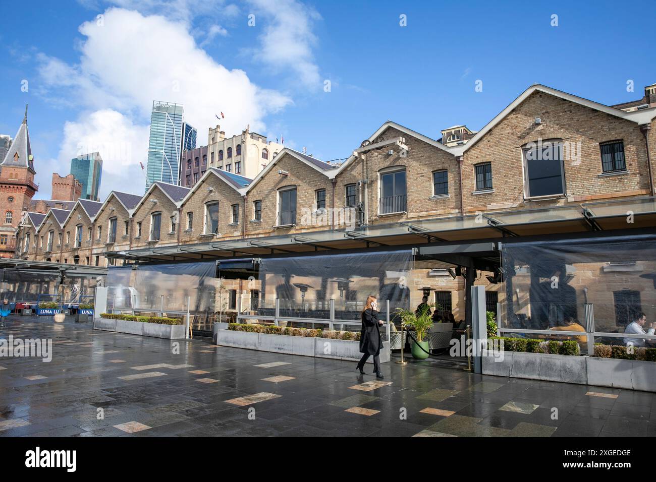 I negozi di Campbells Cove e Campbells, il vecchio magazzino degli insediamenti, i ristoranti di Snow housing, The Rocks Sydney, NSW, Australia, 2024 Foto Stock