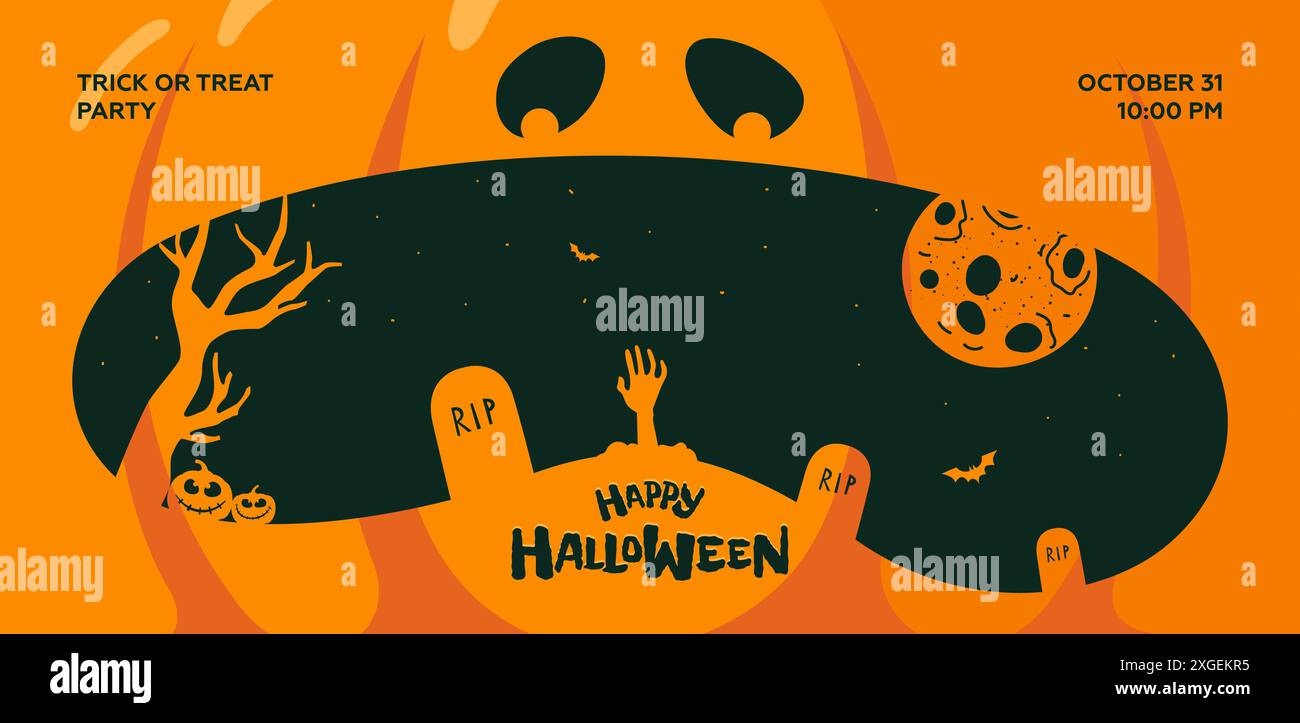 Banner orizzontale della festa di Halloween. Jack o Lanterna, faccia spaventosa con cimitero. L'uomo morto strizza fuori dalla tomba nel cimitero. Tradizionale biglietto d'auguri eps natalizio "Trick or Treat" del 31 ottobre Illustrazione Vettoriale