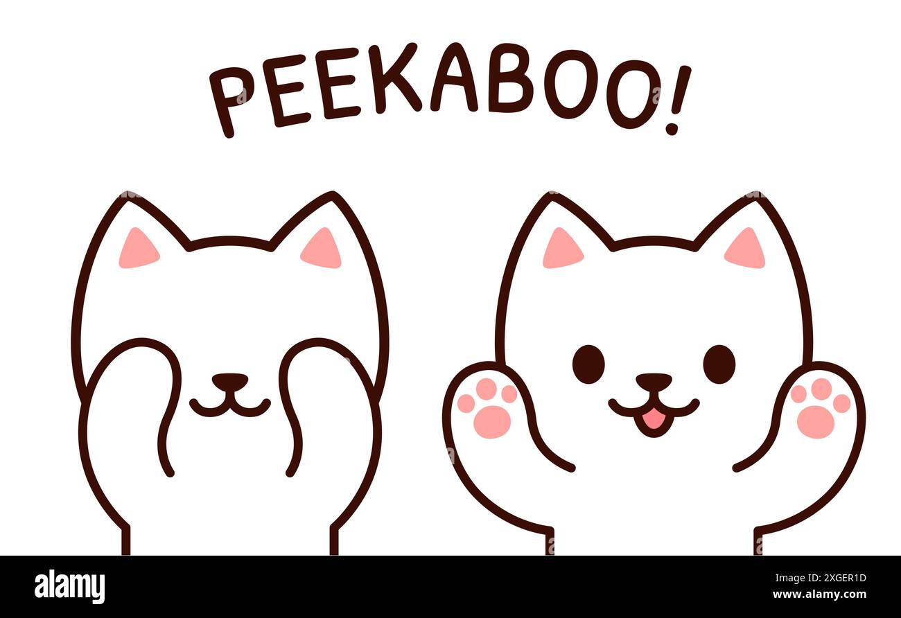 Simpatico gatto cartoni animati che gioca a Peekaboo, nascondendosi e aprendo la faccia. Semplice disegno del gattino kawaii, illustrazione vettoriale. Illustrazione Vettoriale