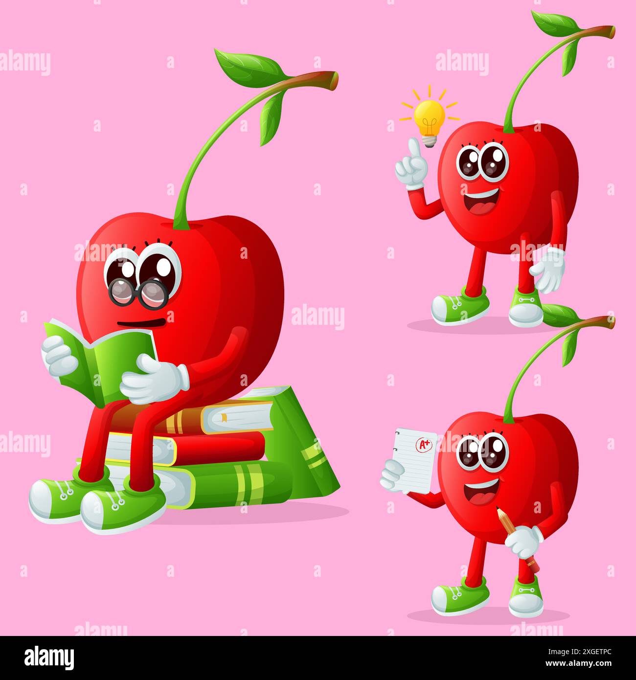 Set di simpatici personaggi di ciliegio che sono intelligenti. Perfetto per bambini, merchandising e adesivi, promozioni banner o blog Illustrazione Vettoriale