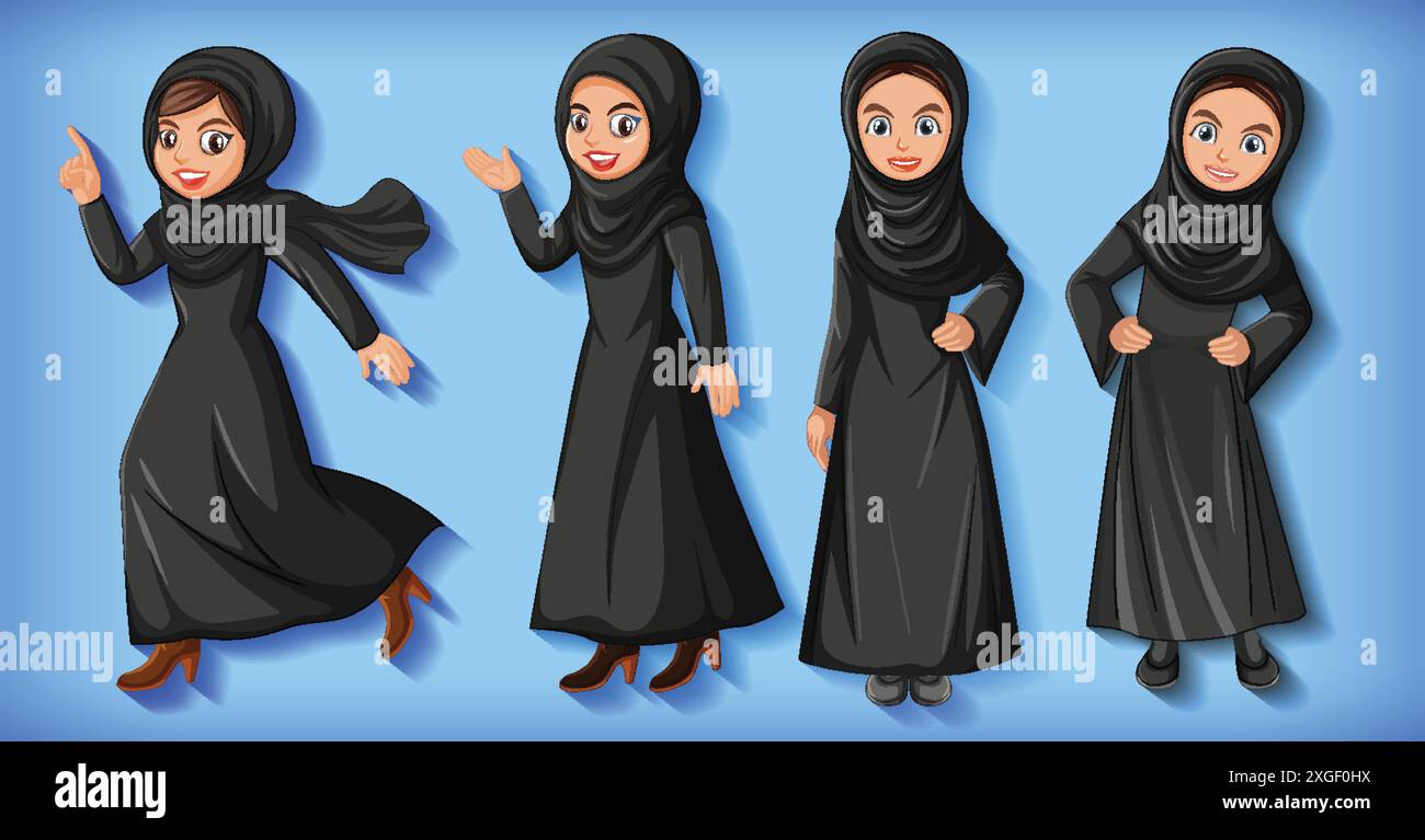 Quattro donne in hijab e abaya neri Illustrazione Vettoriale