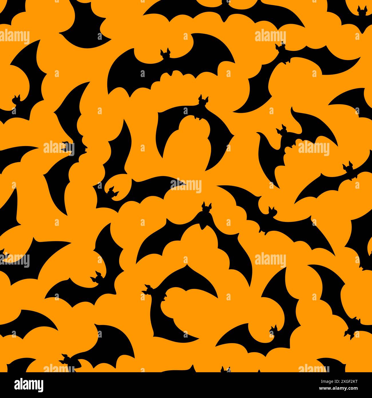 Silhouette di pipistrelli Halloween, motivo senza cuciture nuvola di pipistrelli. Elegante piastrella vettoriale, caratterizzata da una danza notturna di creature alate su uno sfondo arancione misterioso e spaventoso Illustrazione Vettoriale