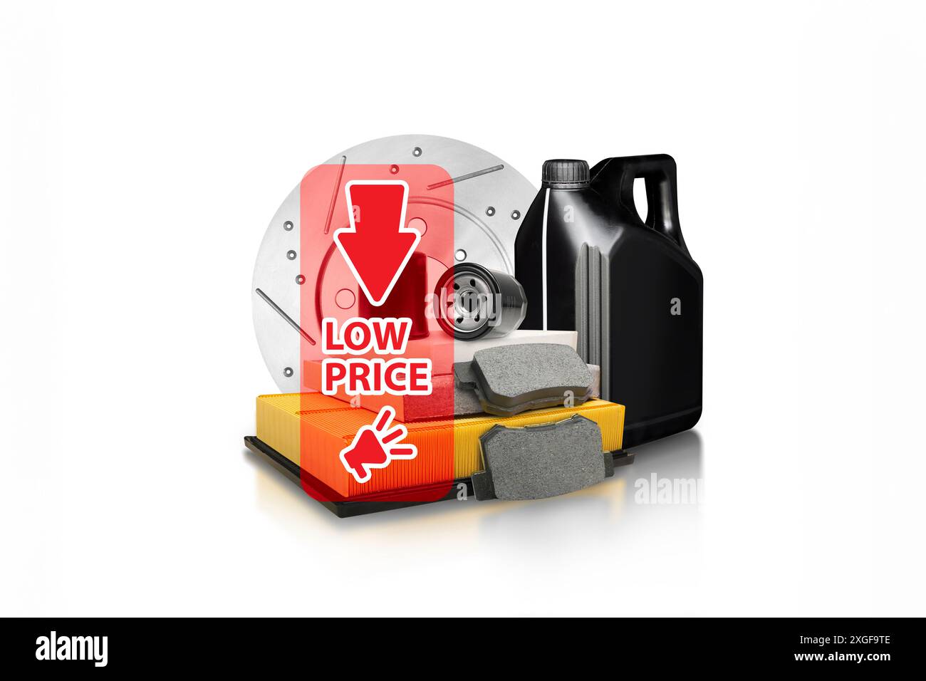 Offerta speciale ricambi auto e concetto di vendita scontata, ricambi auto e prodotti per la manutenzione auto isolati su sfondo bianco Foto Stock