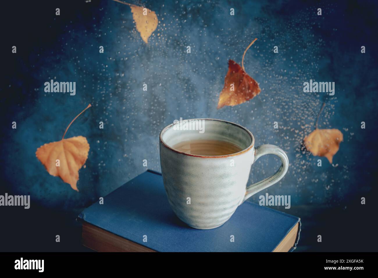 Lettura in autunno, una vita morta con una tazza di tè, caduta di foglie e gocce di pioggia, immagine tonata Foto Stock