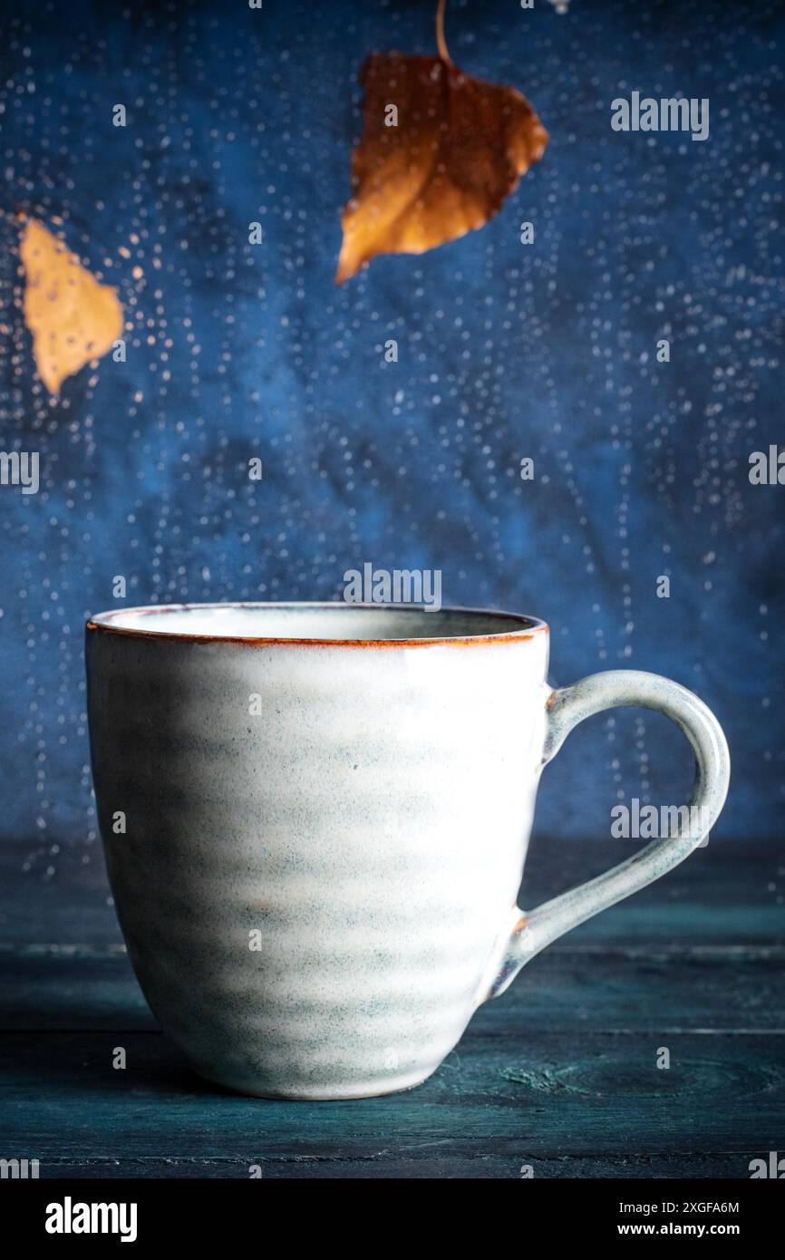 Foglie d'autunno, pioggia, e una tazza di tè, una caduta ancora vita Foto Stock