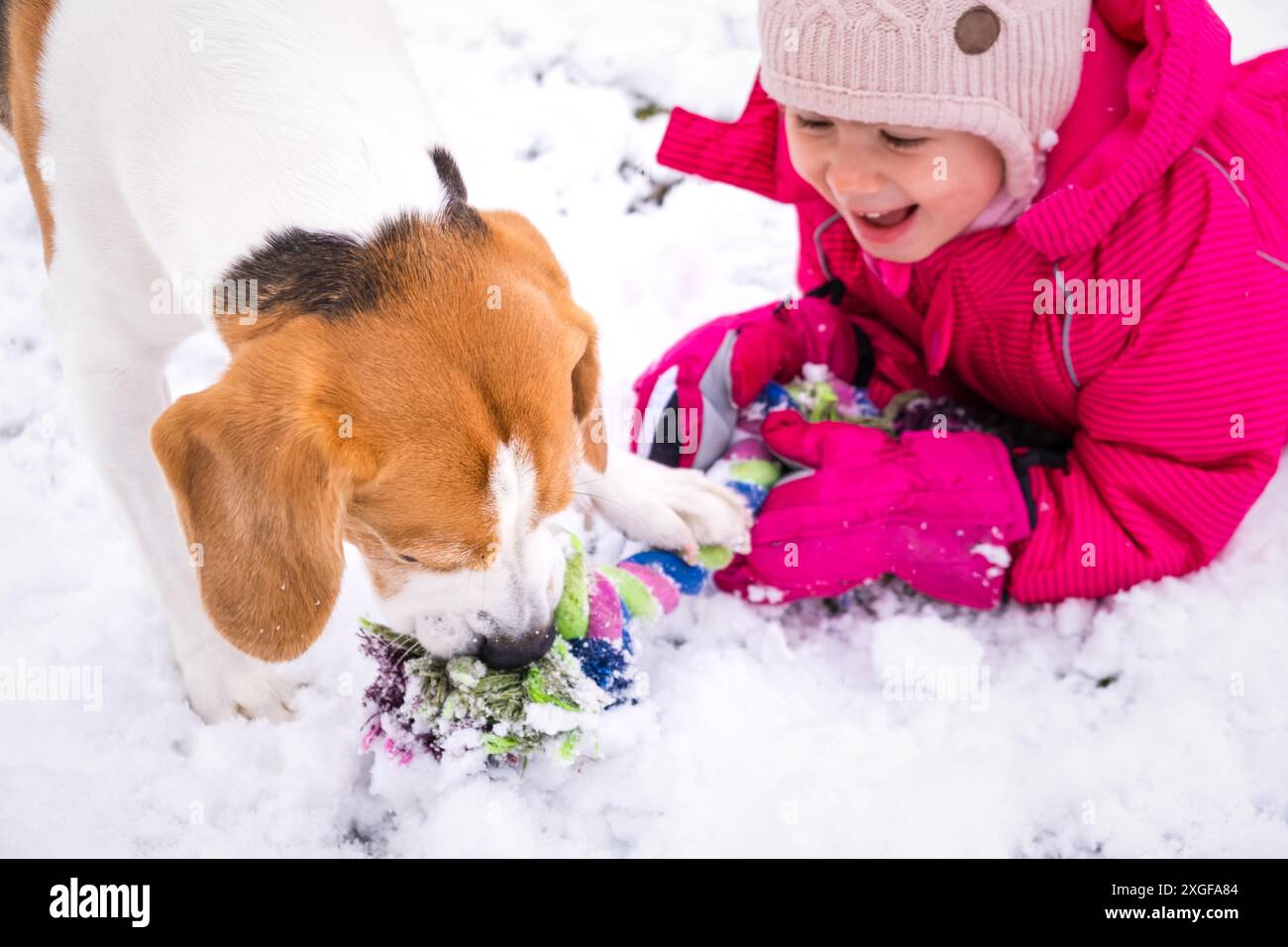 Bambino che gioca con il cane sulla neve. Concetto di cane con bambini Foto Stock