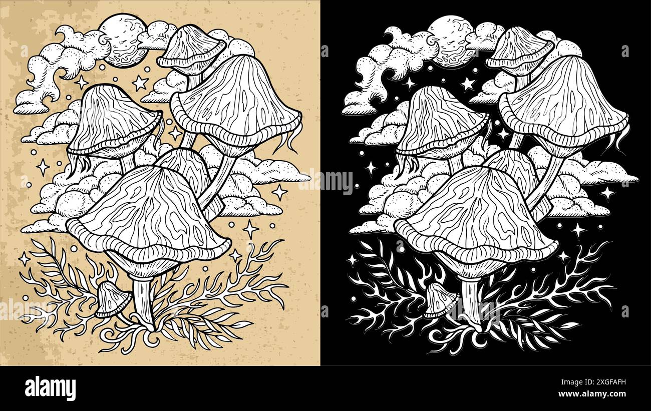 Funghi mistici celesti bianchi e neri con elementi decorativi magici e floreali, simboli di stregoneria. Oggetti esoterici e strepitosi, tatuaggi c Illustrazione Vettoriale