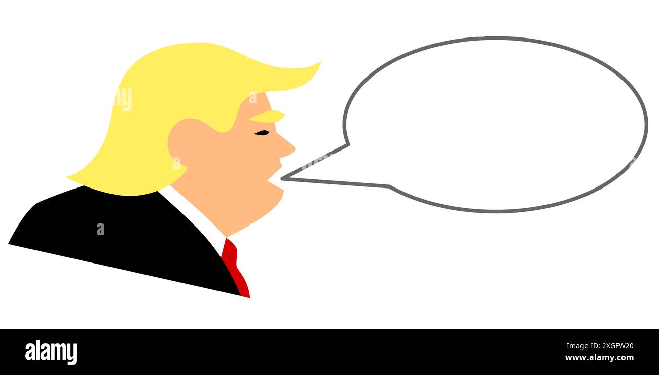 23 GENNAIO 2019: Semplice illustrazione vettoriale del presidente americano Donald Trump. Vista profil con bocca aperta e bolla vocale come spazio di copia. Foto Stock