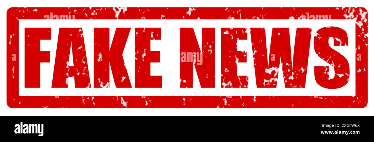Francobollo rosso con un testo di NOTIZIE FALSE per mostrare che le informazioni non sono vere o che sta intenzionalmente fuorviando il pubblico Foto Stock