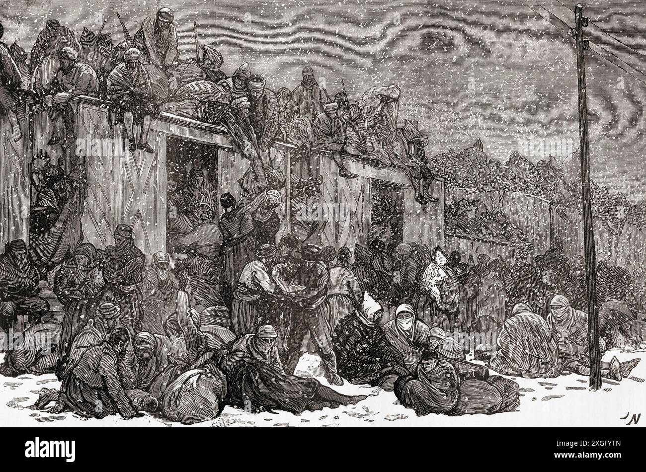 L'arrivo di un treno pieno di emigranti musulmani a Costantinopoli durante la guerra russo-turca (1877-1878). Da Russes et Turcs: La Guerre D'Orient, pubblicato nel 1878. Foto Stock