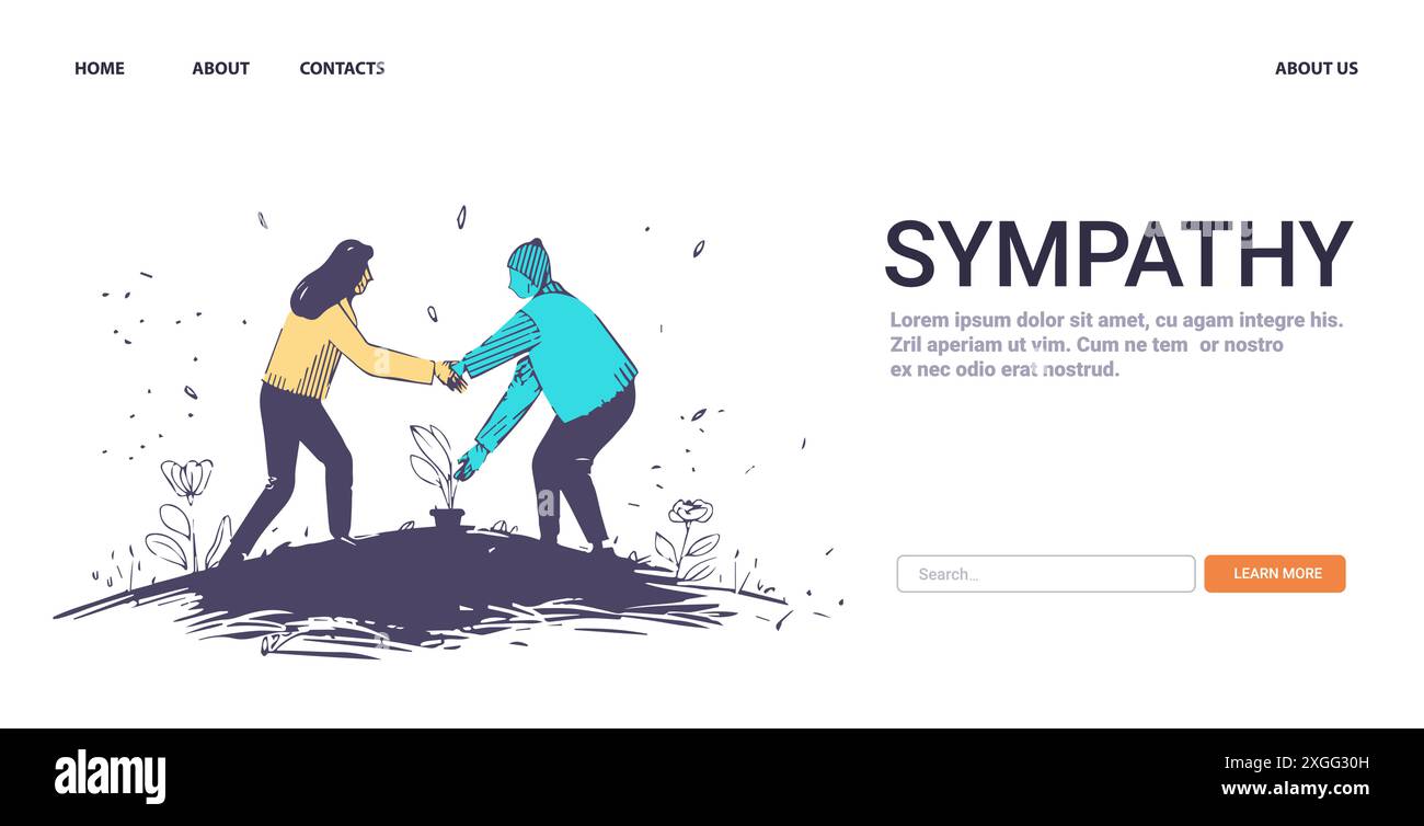 Concetto di Sympathy Mental Health due persone che si aiutano a vicenda in un giardino circondato da piante e fiori design del sito web Illustrazione Vettoriale